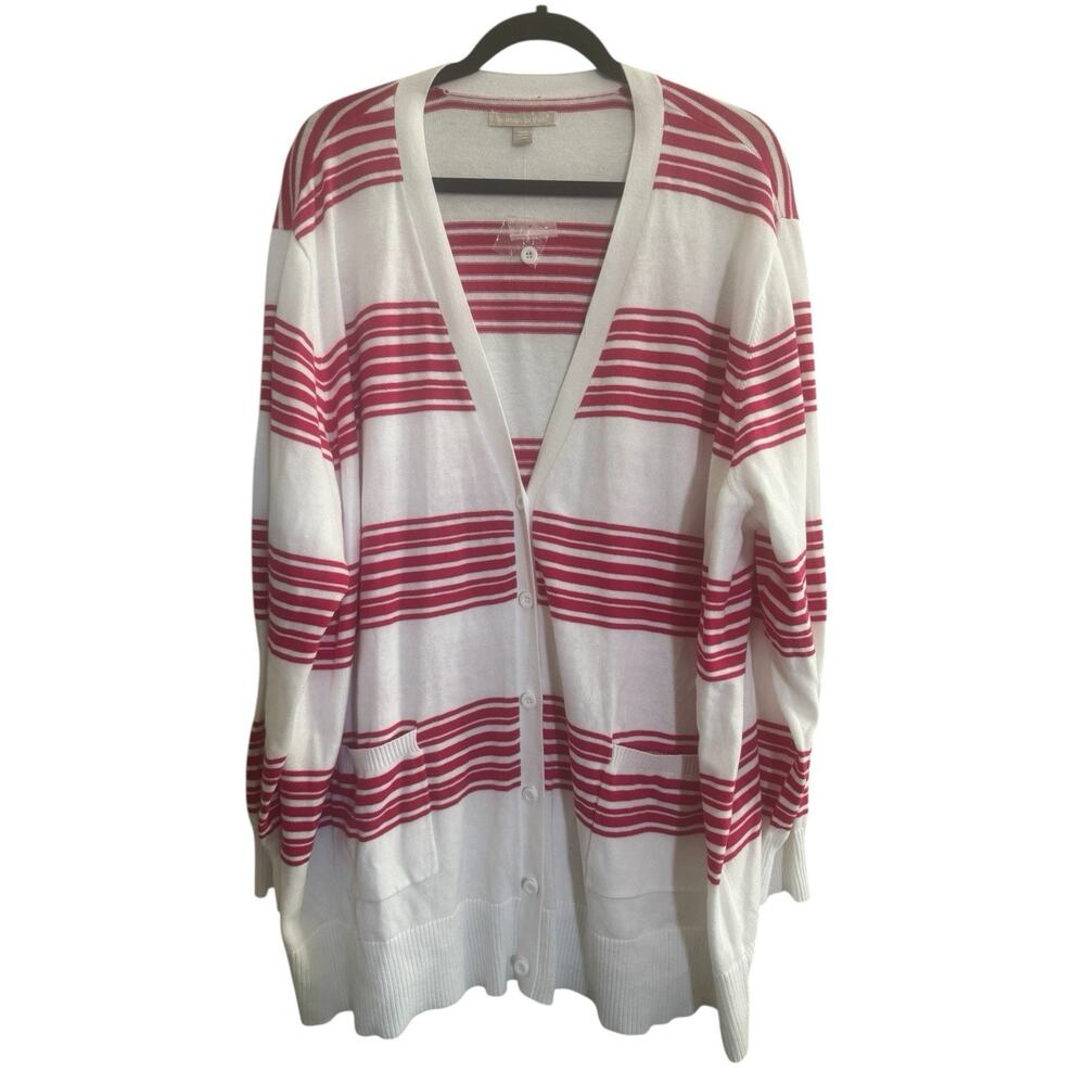 New Woman Within Plus Size 3X 30/32 Sweater Cardigan Pink White Stripes #6216